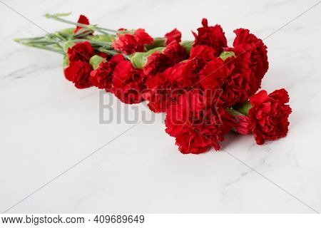 Beaytiful Carnation Flowers On Marble Background. Top View
