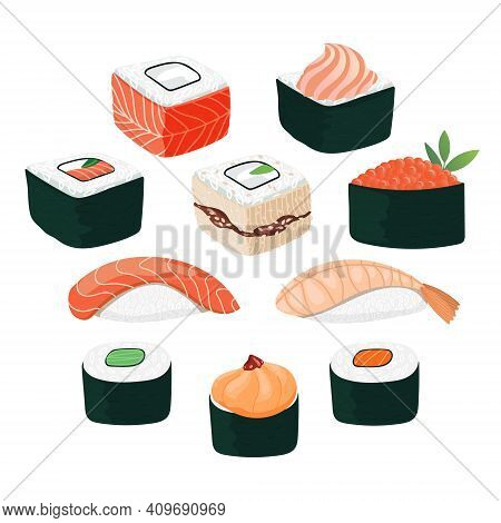 Sushi Set. Different Types Of Sushi And Rolls. Traditional Japan Roll, Gunkan With Tobiko Caviar, Or