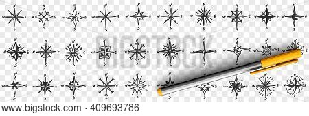 Cardinal Points On Compass Doodle Set. Collection Of Hand Drawn Patterns Of North South West And Eas