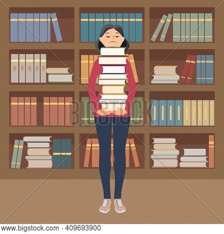 A Young Girl In A Library Or Bookstore Holds A Large Stack Of Books In Her Hands, In The Background 