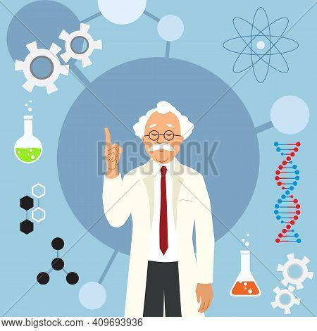 Scientist Got An Idea. Scientist Raised His Finger When He Had An Idea. Around Are The Various Symbo