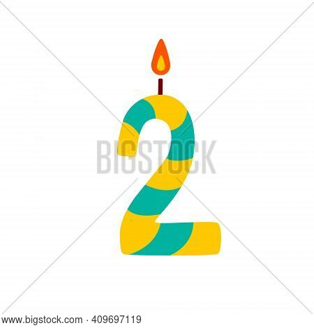 Vector Candle In The Form Of The Number Two For The Cake. Hand Drawing Of The Number 2 In Turquoise 