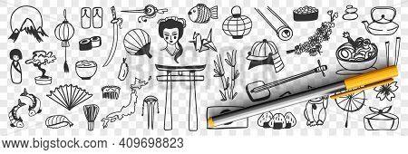 Japanese Traditional Symbols Doodle Set. Collection Of Hand Drawn Japanese Oriental Asian Sakura Gei