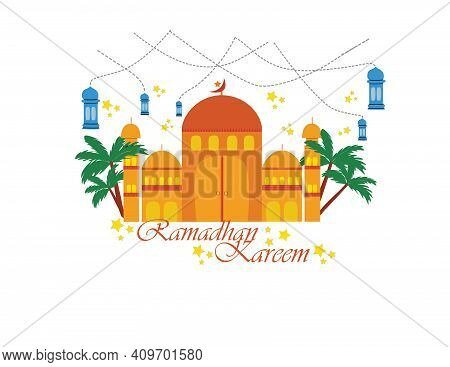 The Greeting Of Marhaban Ya Ramadhan With The Background Of An Orange Mosque With Lanterns Illuminat
