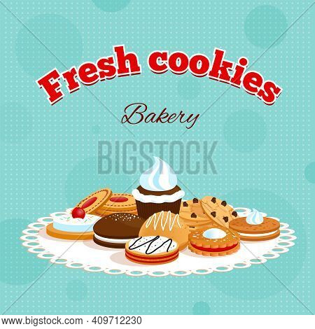 Bakery Retro Poster With Fresh Cookies Lettering And Different Desserts On Table Napkin Vector Illus