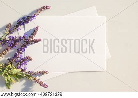 Mockup Poster Or Flyer For Advertising Or Presentation White Sheets Of Paper With A Sage Flowers On 