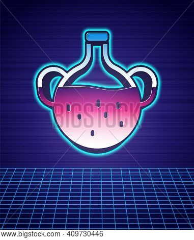 Retro Style Essential Oil Bottle Icon Isolated Futuristic Landscape Background. Organic Aromatherapy