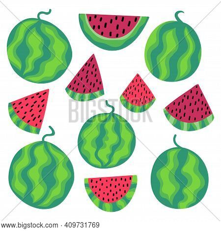 Watermelon Summer Set Stock Vector Illustration. Whole And Sliced Fruits Isolated On White. Funny Ca
