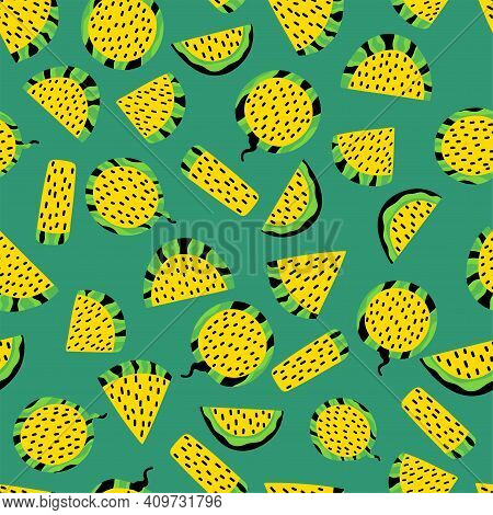 Funny Different Shaped Fruit Slices Green And Yellow Seamless Pattern Stock Vector Illustration. Yel