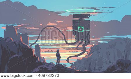 Young Man Standing And Looking At A Giant Sentinel Robot, Vector Illustration