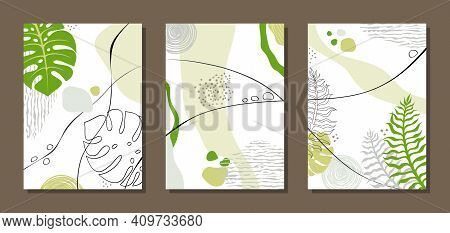 Set Of Three Paintings. Abstract Posters With Monstera Leaves, Plant Elements, Colorful Spots, Point