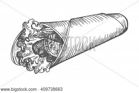 Shawarma Hand Drawn. Vector Illustration Of A Vintage Shawarma Sketch Hand Drawn Isolated On A White