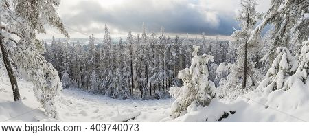 Panoramic Winter Landscape, View Of Cakova Vyhlidka Viewpoint At Fields, Forest, Villages And Snowy 