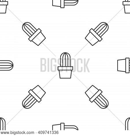 Grey Line Cactus And Succulent In Pot Icon Isolated Seamless Pattern On White Background. Plant Grow