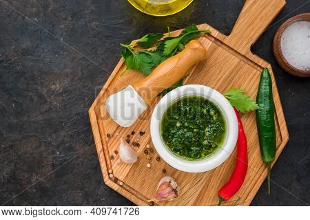 Chimichuri, Argentine Green Sauce For The Steaks With Fresh Parsley, Garlic, Olive Oil And Oregano I