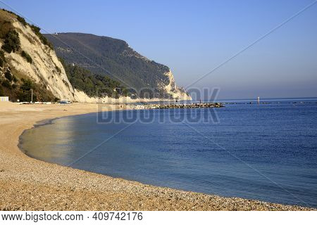 Numana (an), Italy - January 1, 2019:  Numana Beach, Riviera Del Conero, Adriatic Sea, Numana, Ancon