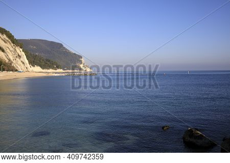 Numana (an), Italy - January 1, 2019: View From Numana Beach, Riviera Del Conero, Adriatic Sea, Numa
