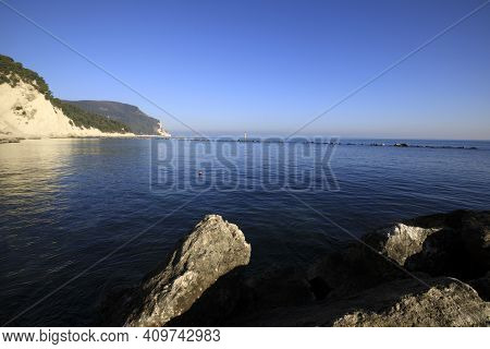 Numana (an), Italy - January 1, 2019: View From Numana Beach, Riviera Del Conero, Adriatic Sea, Numa