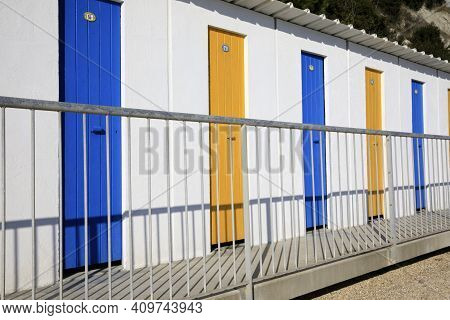 Numana (an), Italy - January 1, 2019: Colourful Cabins At  Numana Beach, Riviera Del Conero, Adriati