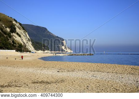 Numana (an), Italy - January 1, 2019:  Numana Beach, Riviera Del Conero, Adriatic Sea, Numana, Ancon