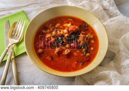 Hearty Italian Minestrone Soup With Cavatappi Pasta Sausage And Vegetables