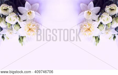 White Daffodils And Eustoms On A Light Lilac Background. Spring Holiday Bouquet. Light Pastel Colors