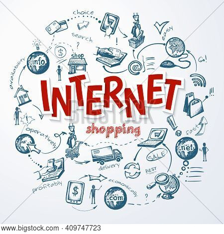 Internet Shopping Sketch Concept With Online Payment Fast Delivery Vector Illustration