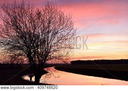 Silhouetted Tree With Red Dawn Sky Reflecting In The Water Of A Canal Close To Vinkel In The Netherl
