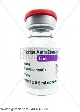 DUSSELDORF, GERMANY - FEBRUARY, 2021: 5ml vial of AstraZeneca vaccine against COvid-19