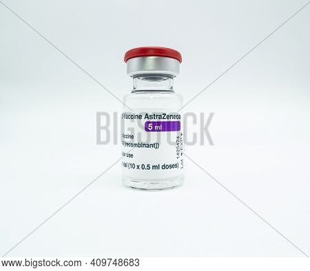 DUSSELDORF, GERMANY - FEBRUARY, 2021: 5ml vial of AstraZeneca vaccine against COvid-19