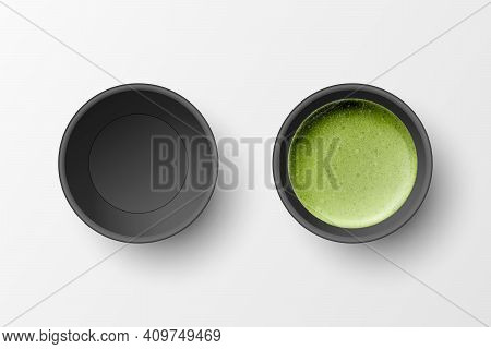 Vector 3d Realistic Paper Black Disposable Cup Set Isolated On White Background. Green Milk Foam Mat