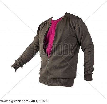 Men's Dark Gren Knitten Bomber Jacket And Black Burgundy Isolated On A White Background. Fashionable