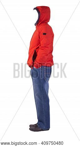 Dark Blue Jeans, Black Leather Shoes,red Jacket With A Hood Isolated On White Background. Casual Sty