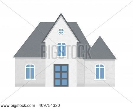 Grey Cottage Facade, City Or Country Street Building With White Windows. Modern Residential Private 