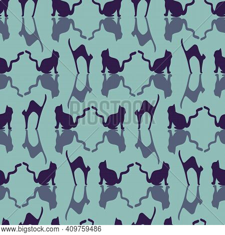 Vector Blue Cat Seamless Pattern Background. Perfect For Fabric, Scrapbooking, Packaging, And Invita