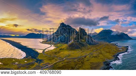 Aerial View Of The Eystrahorn With Krossanesfjall Mountain And A Nearby Black Sand Beach In Iceland 