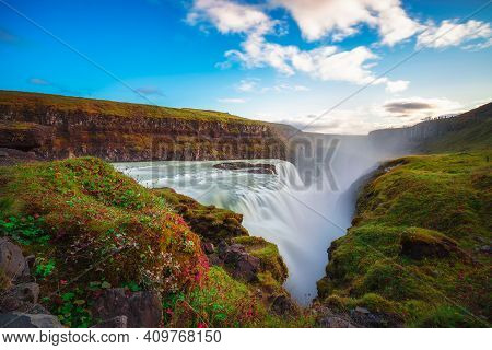 Gullfoss Waterfall, Also Known As The Golden Falls, And The Olfusa River In Southwest Iceland. Long 