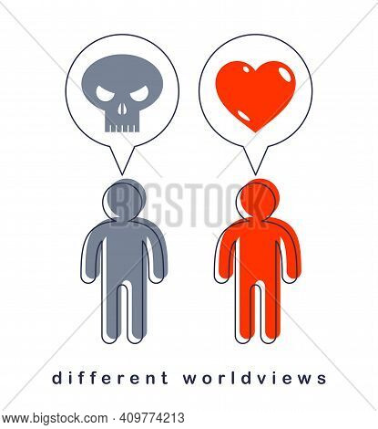 Different Worldviews Concept With Two Men Good And Bad Displaying Their Minds With Death Skull And H