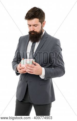 Gift For Client. Customer Oriented Business. Man Formal Clothes Hold Gift Box White Background. Than