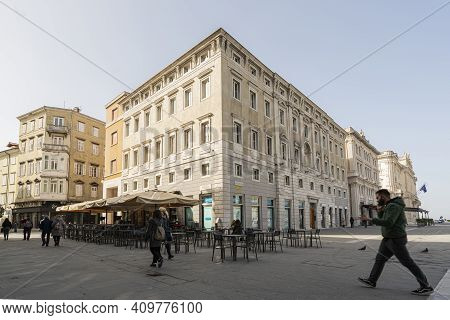 Trieste, Italy. 24 February 2921. External View Of The Historic  Pitteri Building In The City Center
