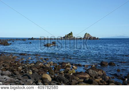 Japan Kanagawa Manazuru Cape. Coast Of Lava Made Of Old Volcanic Eruption.