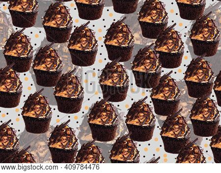 Chocolate Caramel Cupcake With Chocolate Shaves On Frosting Seamless Pattern On Light Background Wit
