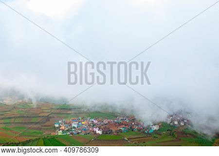 Poombarai Village View Over The Misty Clouds. Beautiful Poombarai Village Near Kodaikanal, Tamilnadu