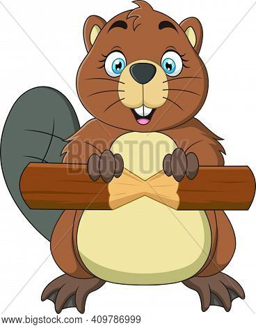 Cartoon Cute Baby Beaver Holding Piece Of Wood