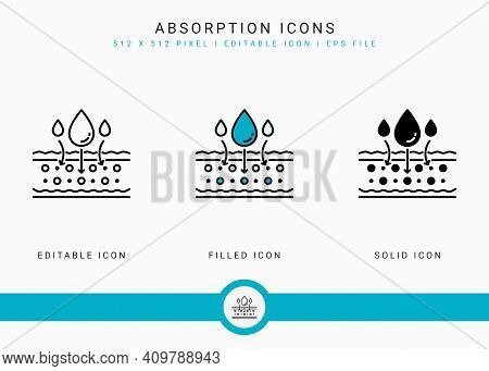 Absorption Icons Set Vector Illustration With Solid Icon Line Style. Drop Water Emulsion Concept. Ed