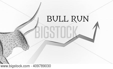 Bull Run With A Polygonal Bull Head And An Upward Arrow On White Background. Bullish Trend On The St