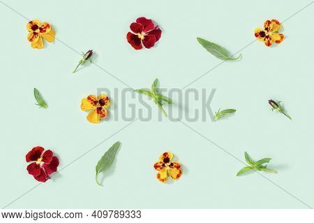 Modern Floral Pattern With Pansy Flowers, Green Leaves, Small Summer Flowery Seasonal Styling Orname