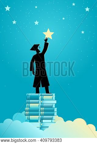 Concept Illustration Of A Man In Graduation Toga Reach Out For The Stars By Using Books As The Platf