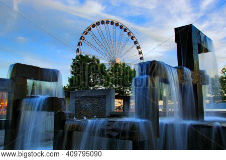 Fountain Ferris Wheel Summer Landscape On A Sunny Day