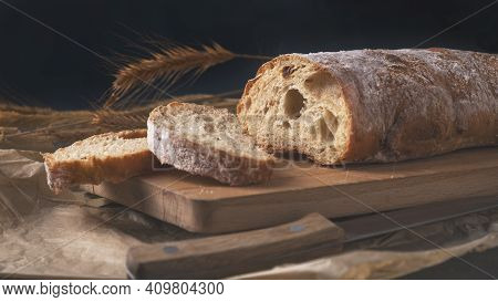 Homemade Ciabatta  Bread On Wooden Board. Fresh Ciabatta Bread.
